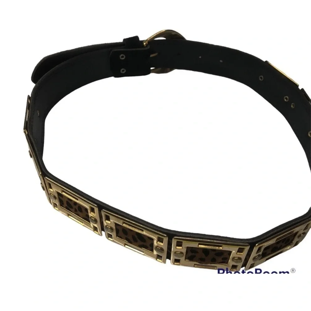 MVtg Benjo Womens Belt Black Leather Animal Print Gold Metal Squares Studs